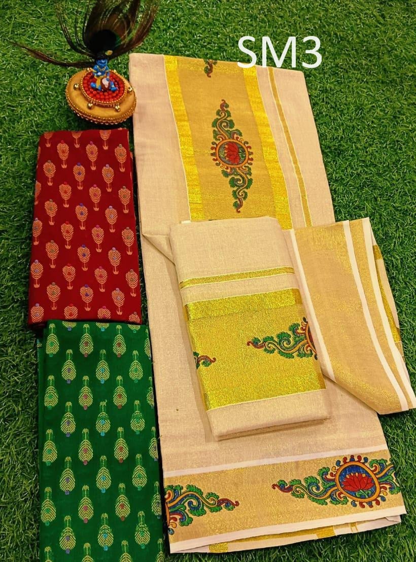 Kerala Special Golden Tissue Hand Work Set Mundu 2.80 With Stitched Blouse or Blouse Material,Beautiful Kerala Designs,Onam,Vishu,Pooja.