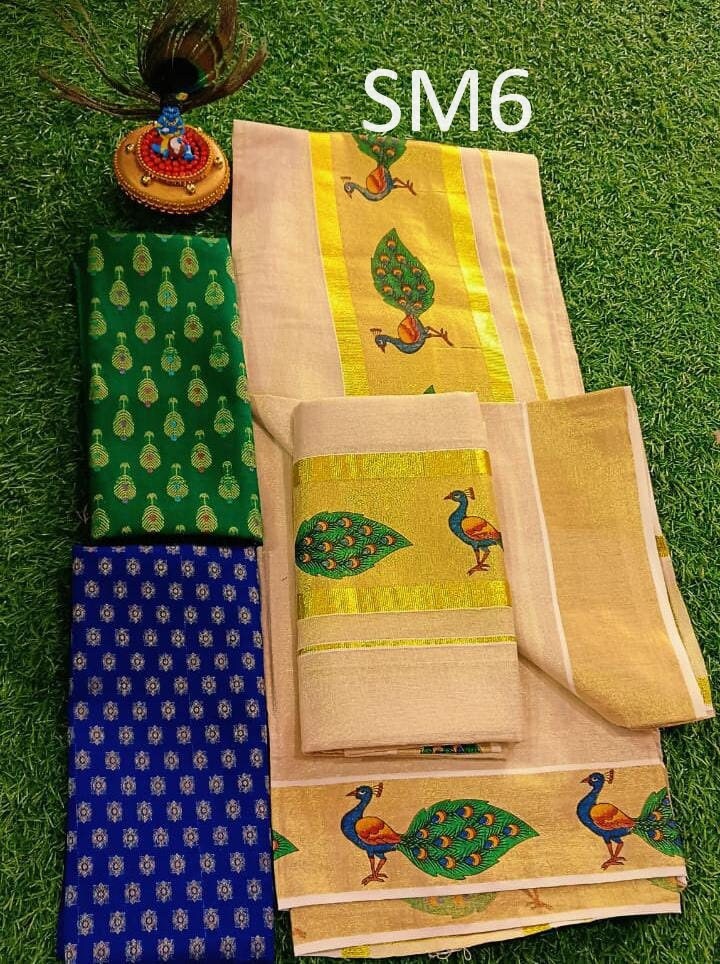 Kerala Special Golden Tissue Hand Work Set Mundu 2.80 With Stitched Blouse or Blouse Material,Beautiful Kerala Designs,Onam,Vishu,Pooja.