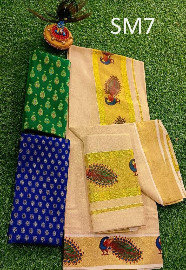 Kerala Special Golden Tissue Hand Work Set Mundu 2.80 With Stitched Blouse or Blouse Material,Beautiful Kerala Designs,Onam,Vishu,Pooja.