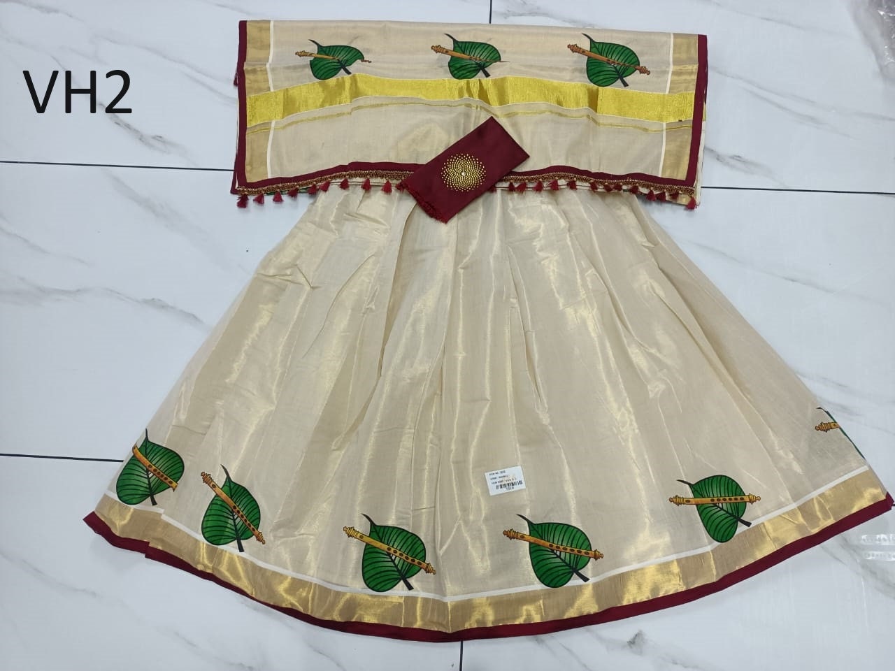 Kerala Tissue Mural Printed Davani Set Skirt Stiched Traditional Girls clothing,Handmade Design,Onam,Vishu,Party,Temple,Festival