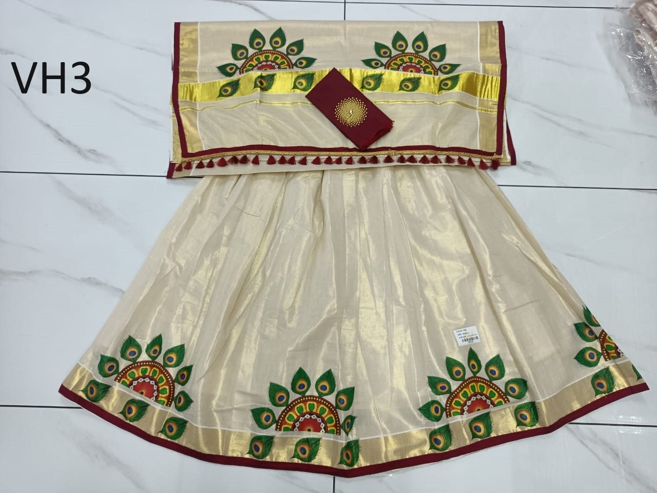 Kerala Tissue Mural Printed Davani Set Skirt Stiched Traditional Girls clothing,Handmade Design,Onam,Vishu,Party,Temple,Festival