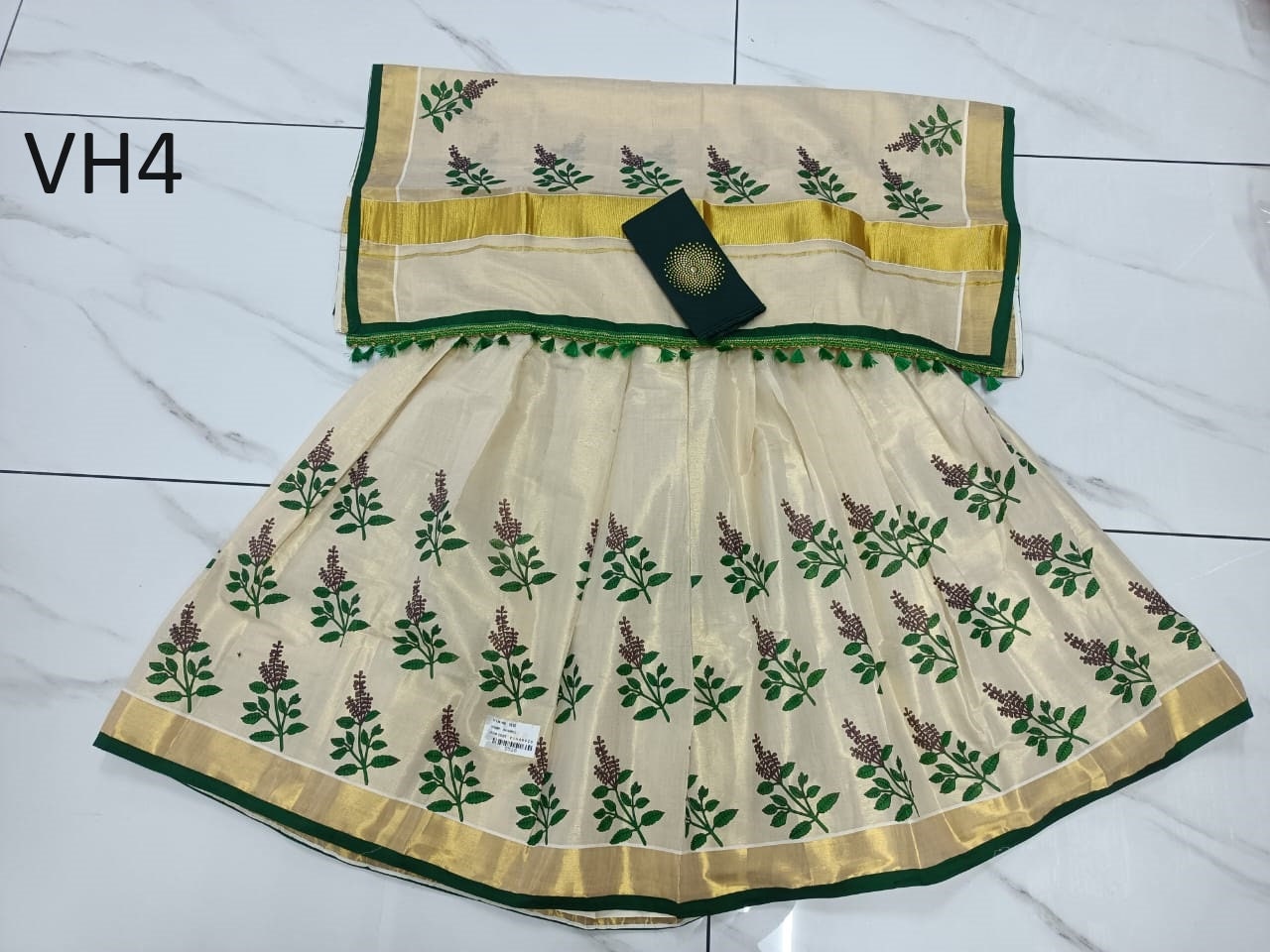 Kerala Tissue Mural Printed Davani Set Skirt Stiched Traditional Girls clothing,Handmade Design,Onam,Vishu,Party,Temple,Festival