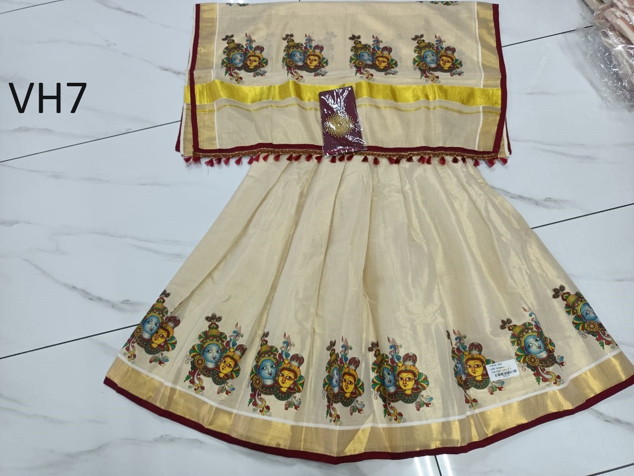 Kerala Tissue Mural Printed Davani Set Skirt Stiched Traditional Girls clothing,Handmade Design,Onam,Vishu,Party,Temple,Festival