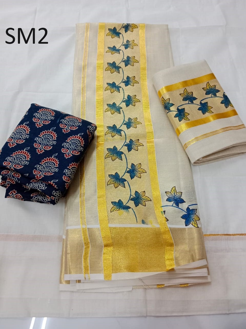 Kerala Special Tissue Single Running Flower Print Set Mundu With Stitched Blouse or Blouse Material,Beautiful Kerala Design,Onam,Vishu,Pooja