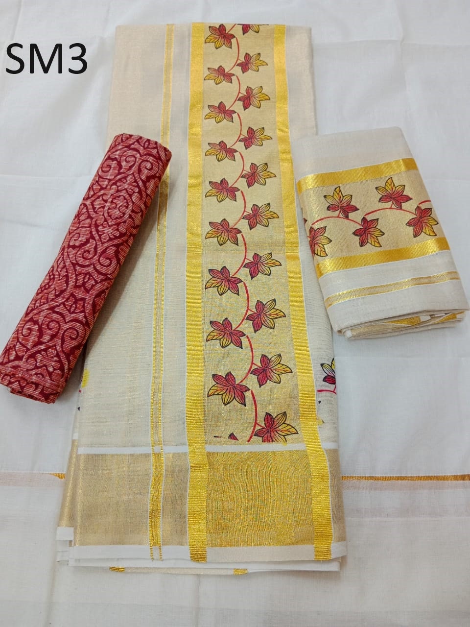 Kerala Special Tissue Single Running Flower Print Set Mundu With Stitched Blouse or Blouse Material,Beautiful Kerala Design,Onam,Vishu,Pooja