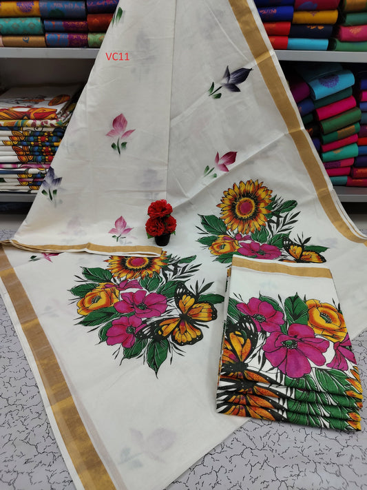 Kerala Hand Painted Cotton Saree With running Blouse Material 6.25 mtr Kerala Saree, Vishu Saree, Onam Saree Handmade Designs Pooja,Festival