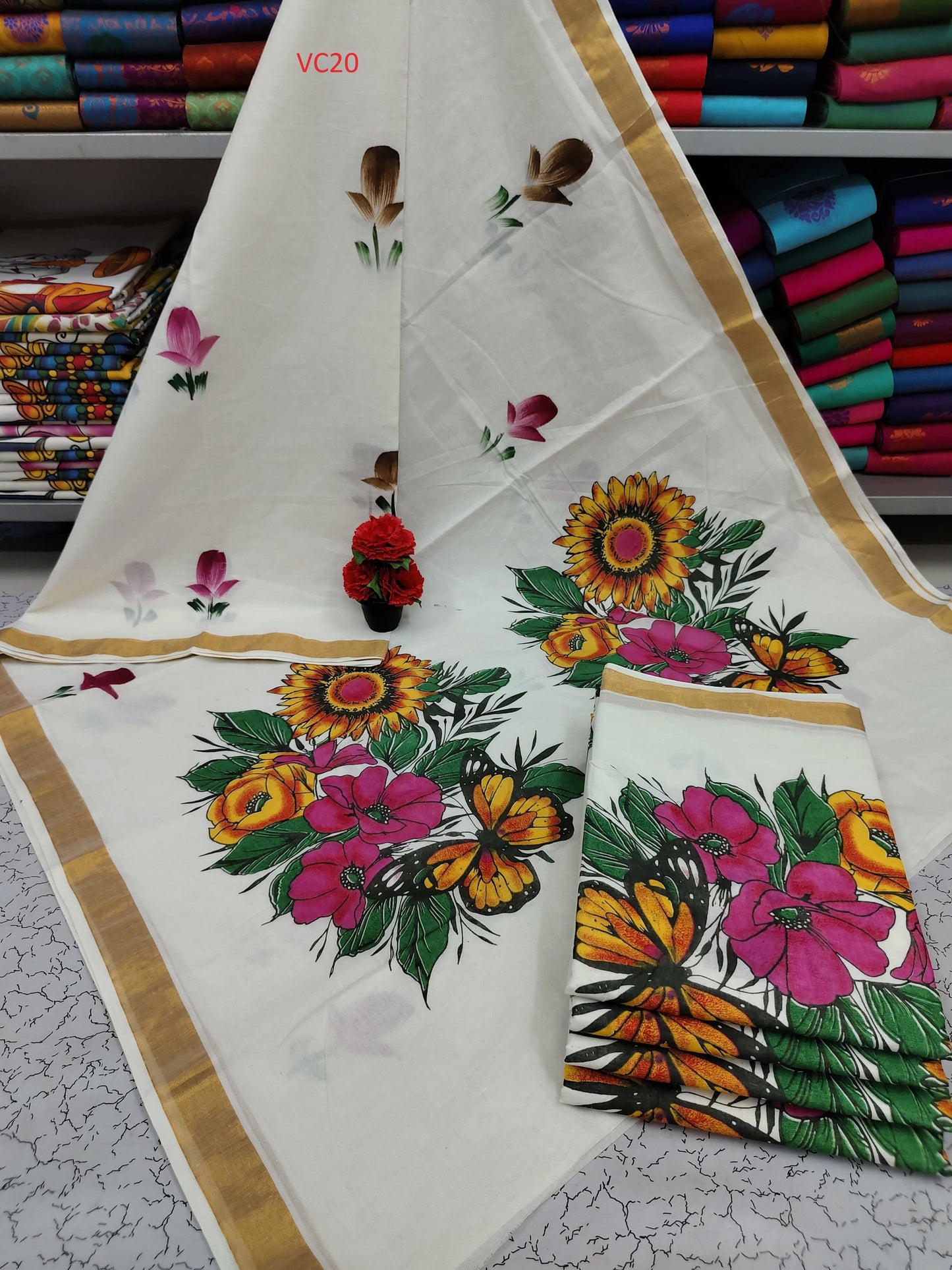 Kerala Hand Painted Cotton Saree With running Blouse Material 6.25 mtr Kerala Saree, Vishu Saree, Onam Saree Handmade Designs Pooja,Festival