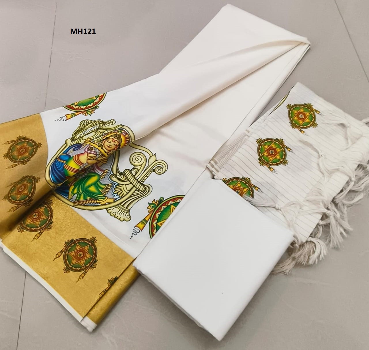 Kerala Golden Mural Print Cotton Churidar Material,Indian traditional women clothing,Handmade design,Onam,Vishu,Marriage,Birthday occassions