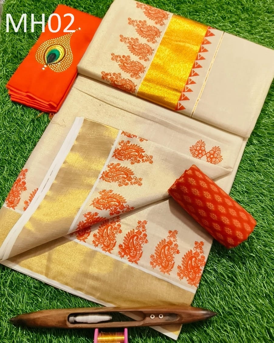 Kerala Tissue saree with stitched Blouse or Blouse Material / Indian Saree, Kerala Saree, Onam ,vishu ,Wedding,any festival occasional saree