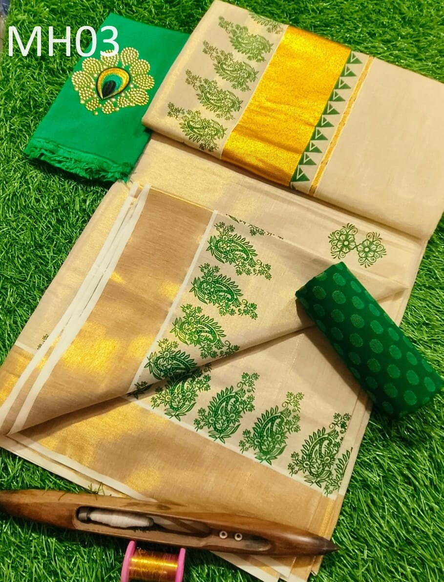 Kerala Tissue saree with stitched Blouse or Blouse Material / Indian Saree, Kerala Saree, Onam ,vishu ,Wedding,any festival occasional saree