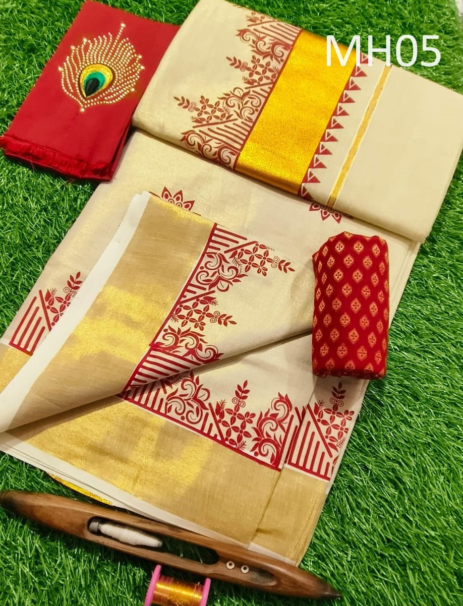 Kerala Tissue saree with stitched Blouse or Blouse Material / Indian Saree, Kerala Saree, Onam ,vishu ,Wedding,any festival occasional saree