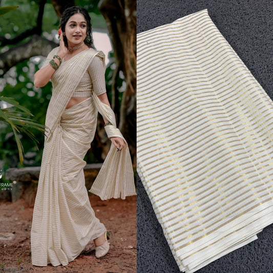 Kerala Traditional Micro Strips saree with stitched Blouse or Blouse Material Onam Saree Handmade traditional Onakodi,vishu,marriage etc