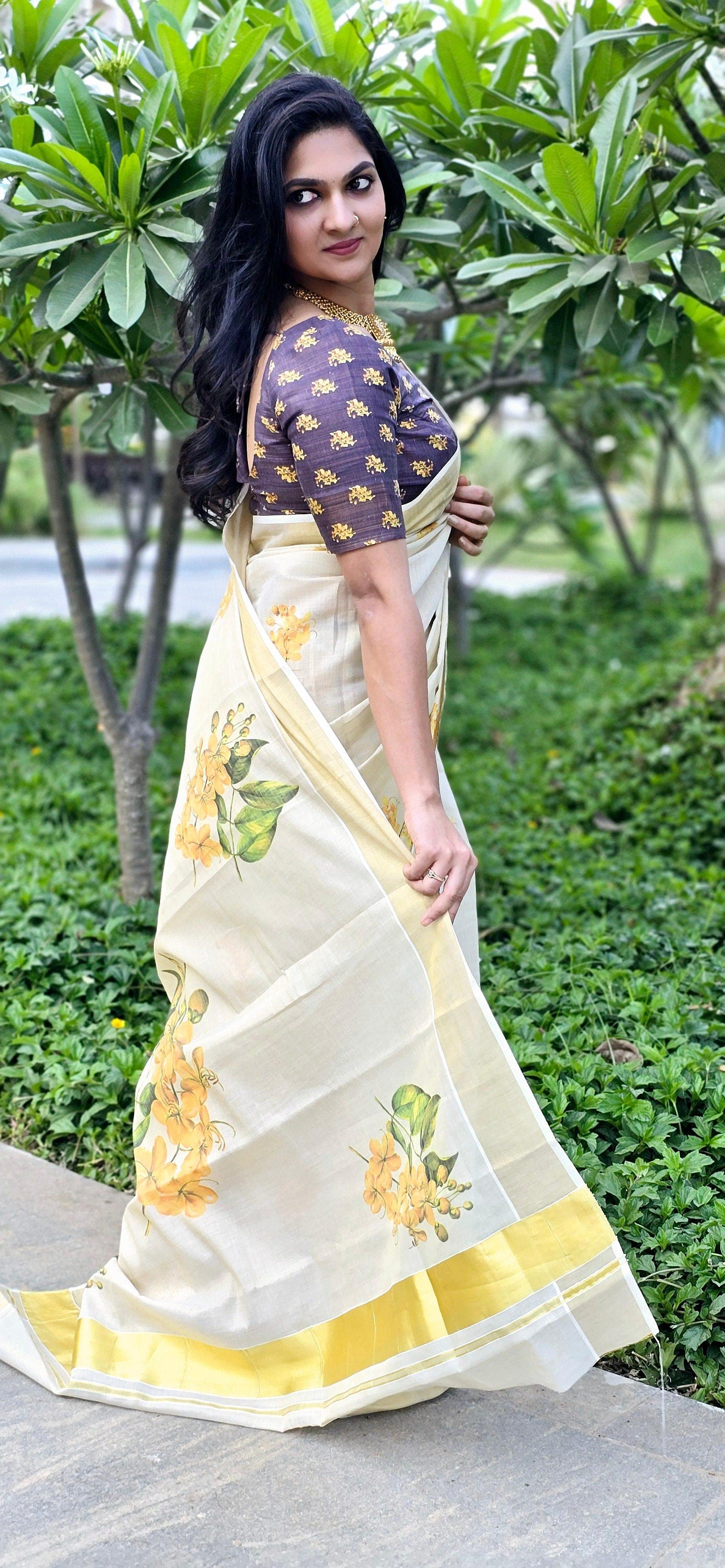 Kerala  Digital Flower Print Golden Tissue Ready to wear saree 6.25 mtr, Kerala Saree,Vishu saree,Onam,Marriage,party and other occasion etc