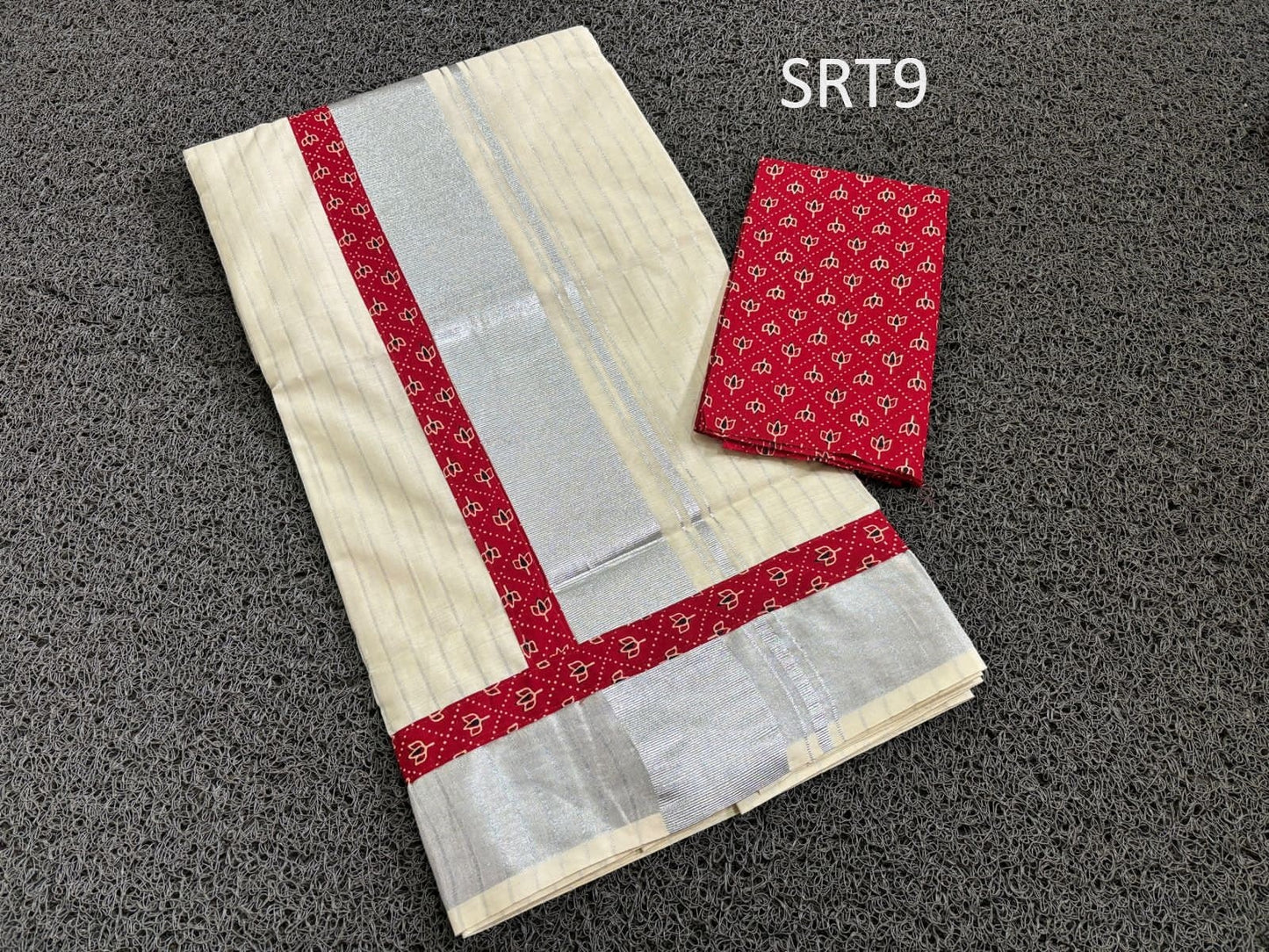 Kerala Traditional Silver Line Ajrakh Cotton Saree with Ajrakh stitched Blouse or Blouse Material Onam Saree Onakodi,vishu,marriage etc