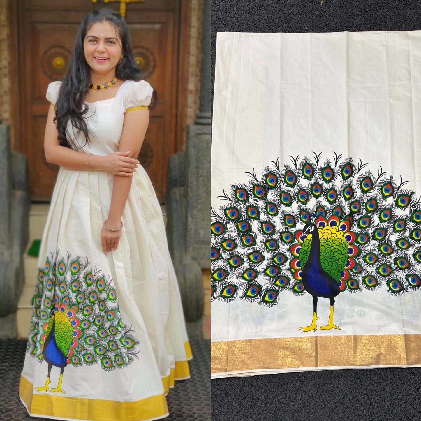 Kerala Peacock Cotton Pattupavada Stitched or Material,Traditional Girls clothing Length: 4 mtre Onam,vishu,Temple marriage festival party