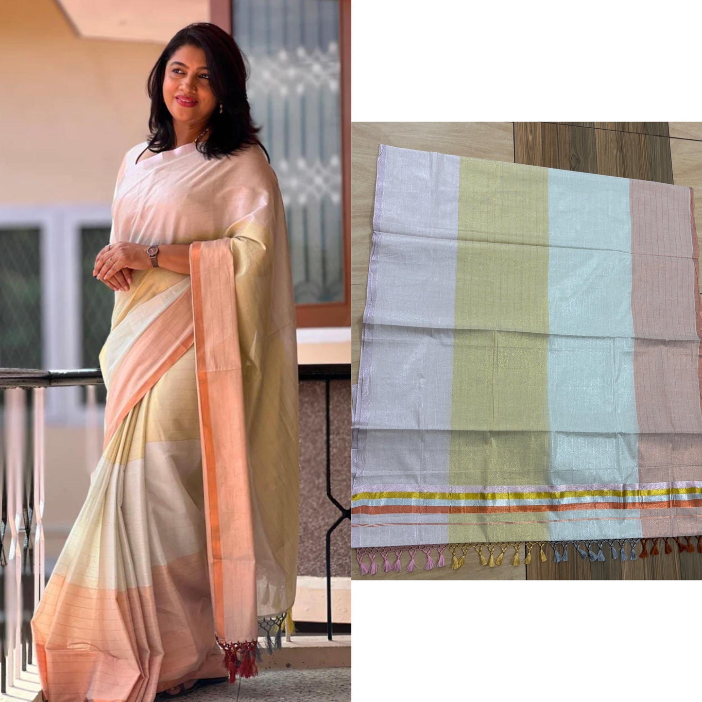 Kerala Special Line Weaving multi tone Tissue Saree 6.25 mtr, Kerala Saree, Vishu,Onam,Pooja,Temple,Marriage and other Special Occassions