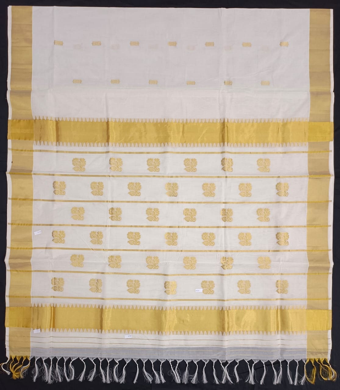 Pure Handloom Designer Jacquard work with Tassels gold cotton saree with Stitched Blouse or Blouse Material for wedding,onam,vishu,festivals