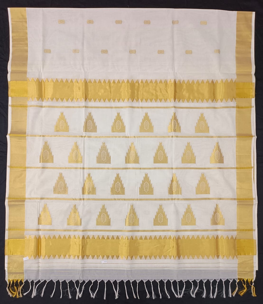 Pure Handloom Designer Jacquard work with Tassels gold cotton saree with Stitched Blouse or Blouse Material for wedding,onam,vishu,festivals