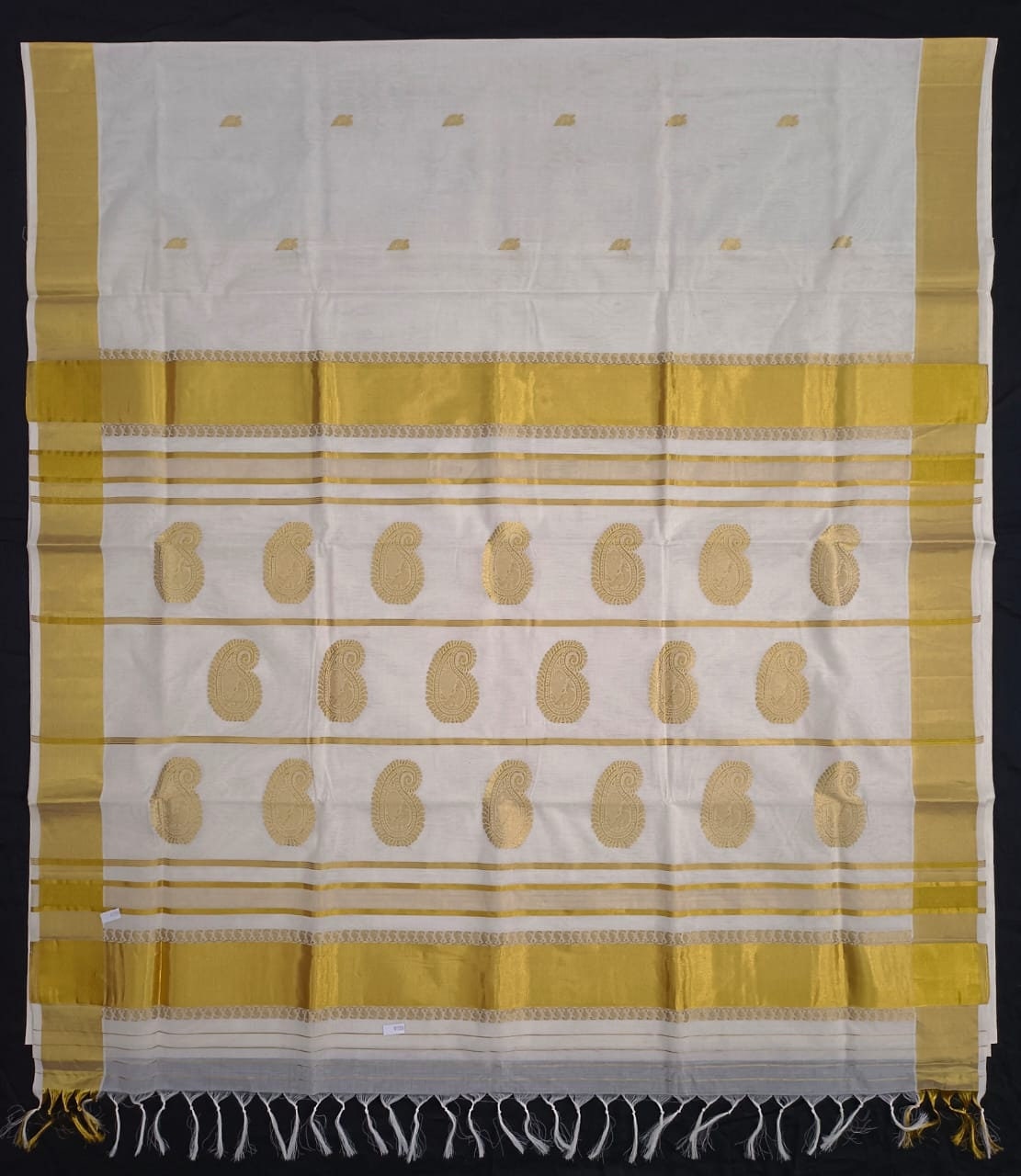 Pure Handloom Designer Jacquard work with Tassels gold cotton saree with Stitched Blouse or Blouse Material for wedding,onam,vishu,festivals