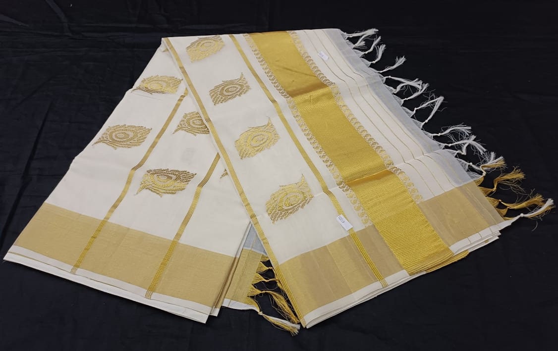 Pure Handloom Designer Jacquard work with Tassels gold cotton saree with Stitched Blouse or Blouse Material for wedding,onam,vishu,festivals