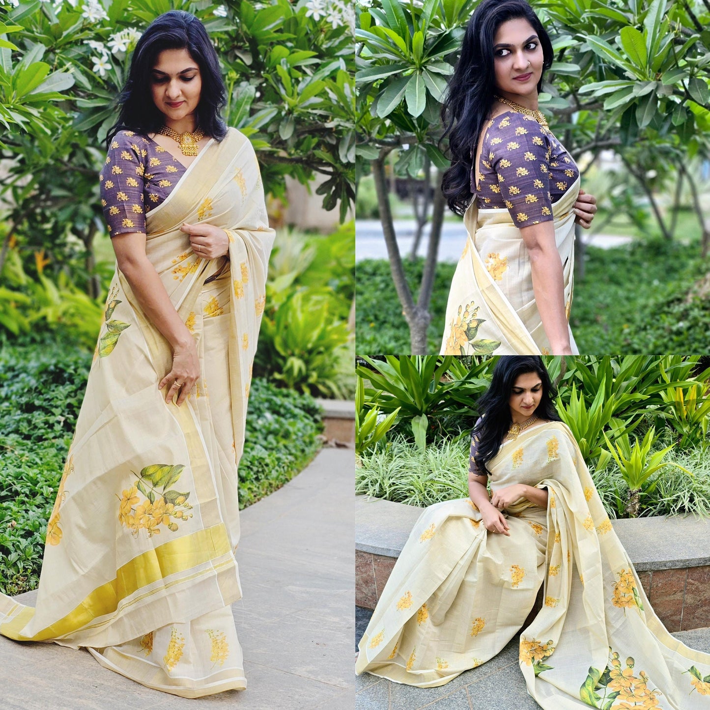 Kerala  Digital Flower Print Golden Tissue Ready to wear saree 6.25 mtr, Kerala Saree,Vishu saree,Onam,Marriage,party and other occasion etc