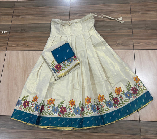 Onam Special Floral Golden Tissue Davani Set, Skirt Stiched, Traditional Girls clothing,Handmade Design,Onam,Vishu,Party,Temple,Festival