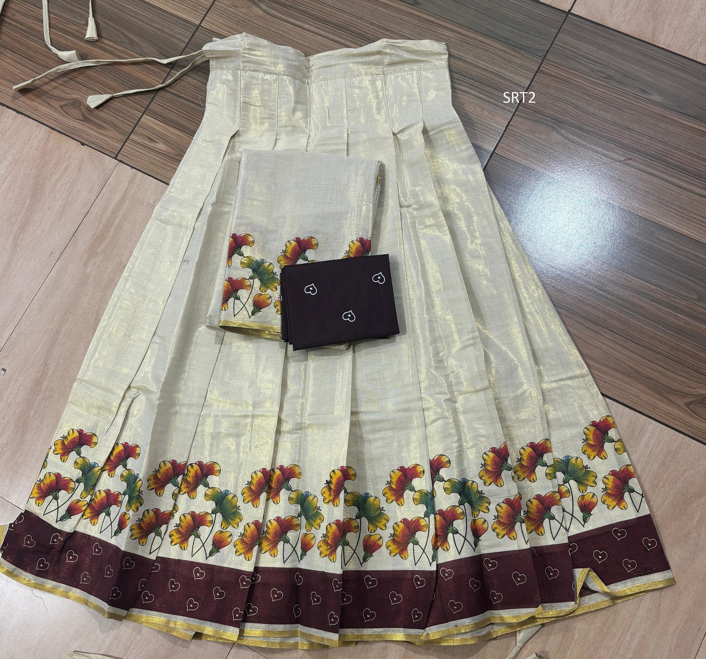 Onam Special Floral Golden Tissue Davani Set, Skirt Stiched, Traditional Girls clothing,Handmade Design,Onam,Vishu,Party,Temple,Festival