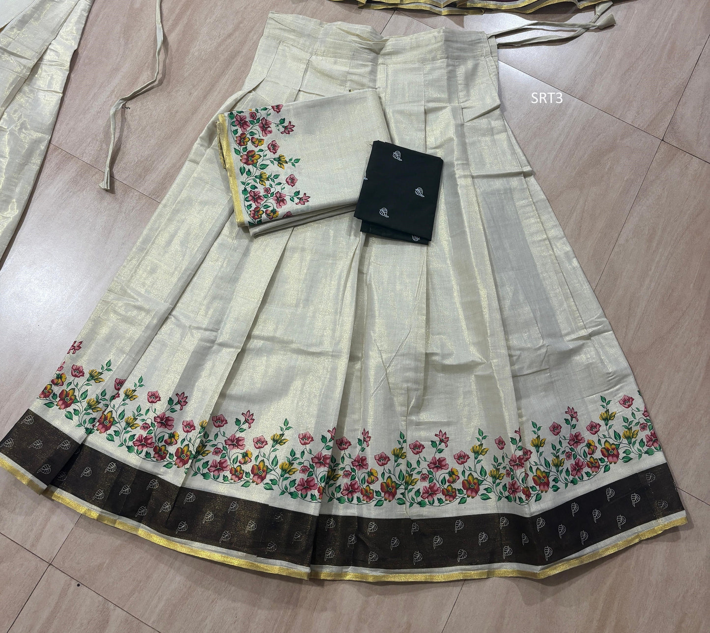 Onam Special Floral Golden Tissue Davani Set, Skirt Stiched, Traditional Girls clothing,Handmade Design,Onam,Vishu,Party,Temple,Festival