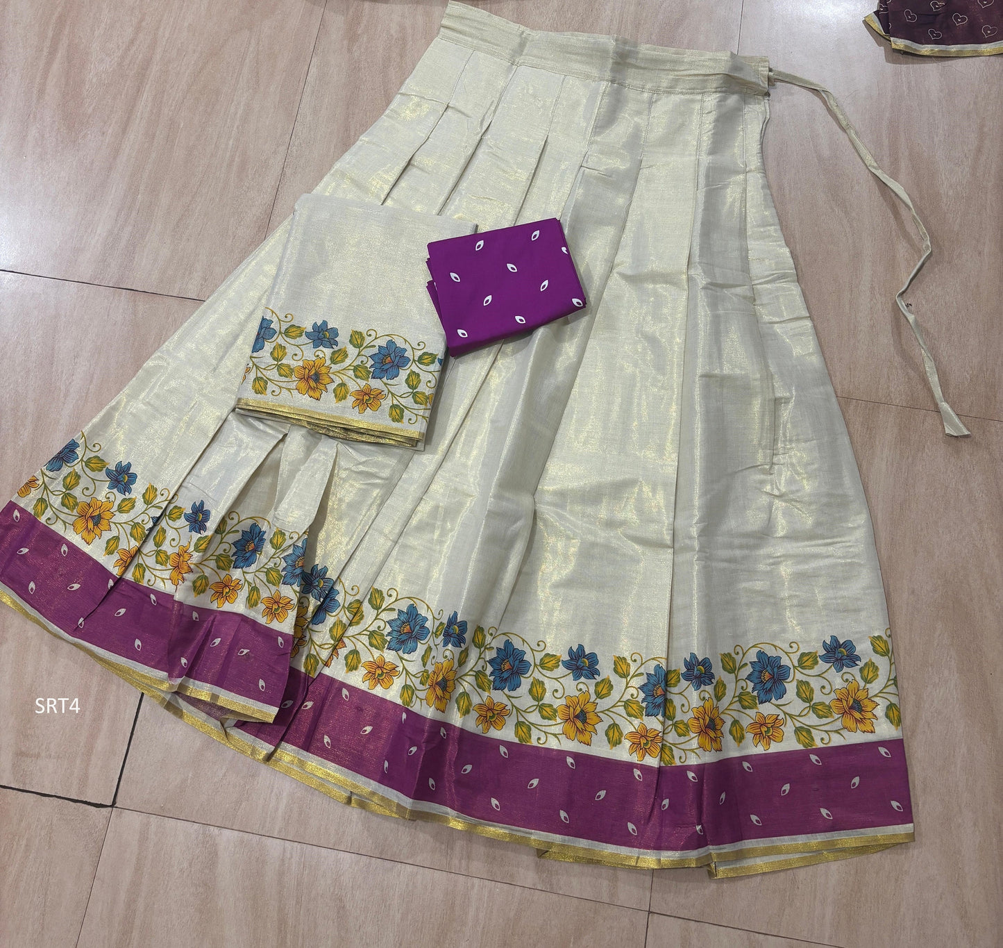 Onam Special Floral Golden Tissue Davani Set, Skirt Stiched, Traditional Girls clothing,Handmade Design,Onam,Vishu,Party,Temple,Festival