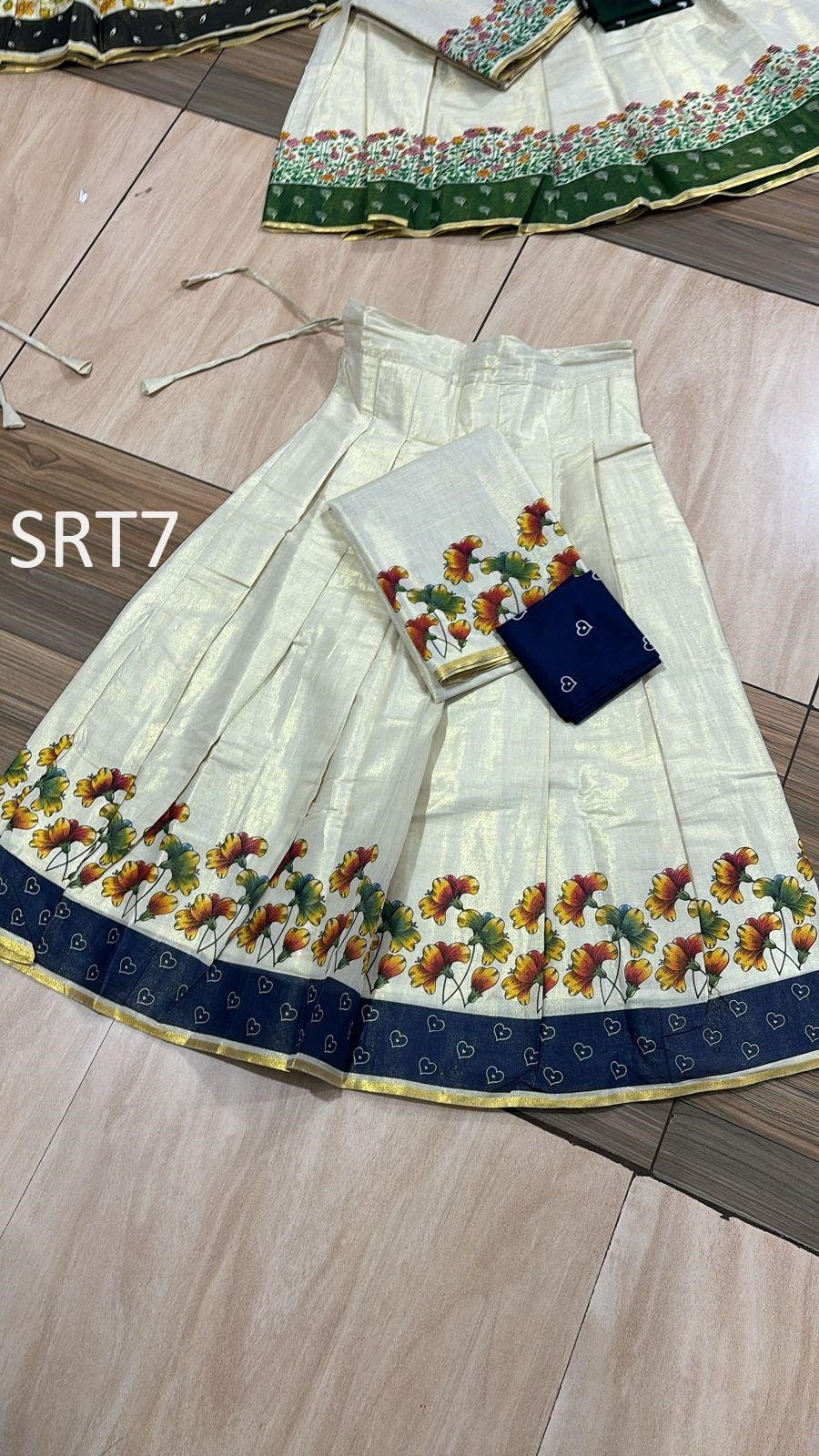 Onam Special Floral Golden Tissue Davani Set, Skirt Stiched, Traditional Girls clothing,Handmade Design,Onam,Vishu,Party,Temple,Festival