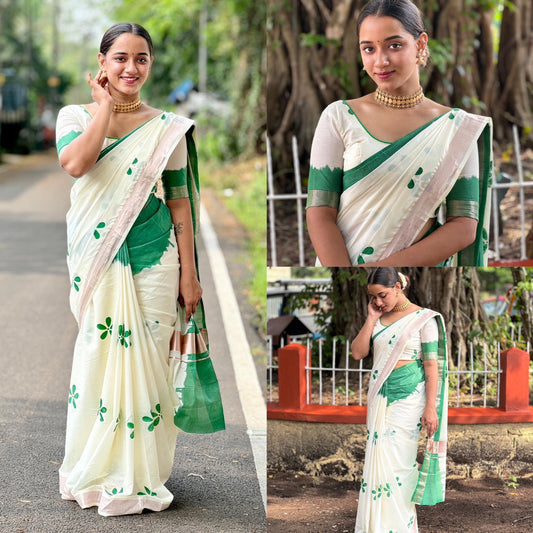 Kerala special Pranakshi Cotton Saree With Stitched Blouse or Blouse Material, 6.25 mtr Beautiful Kerala Designs,Onam,Vishu,Pooja Wedding