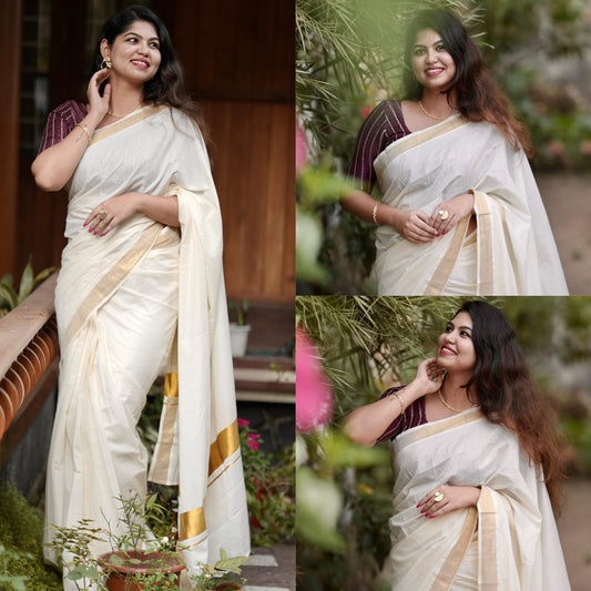 Kerala Kasavu Cotton Ready to Wear Saree 6.25 mtr, Kerala Saree, Onam Saree, Marriage, party and other Festival occasion women wear