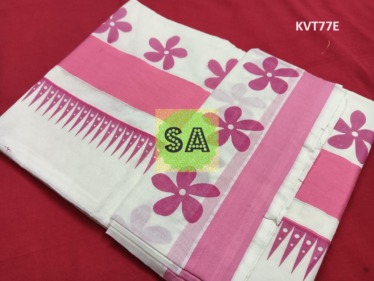 Kerala Traditional Cotton Printed Set Saree with stitched Blouse or Blouse Material / Indian Saree, Kerala Traditional Saree, Onam Saree