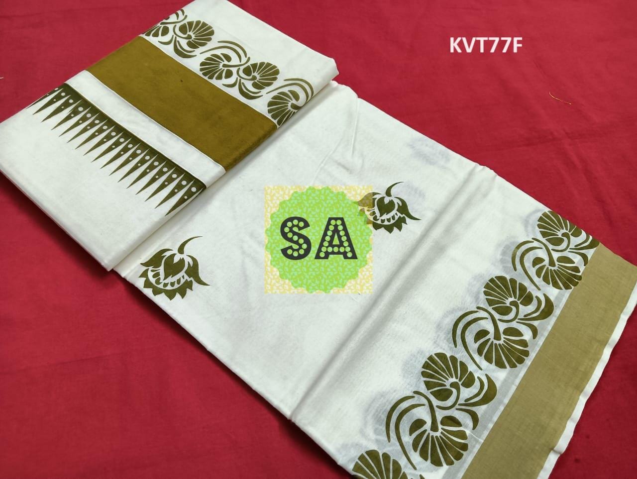 Kerala Traditional Cotton Printed Set Saree with stitched Blouse or Blouse Material / Indian Saree, Kerala Traditional Saree, Onam Saree