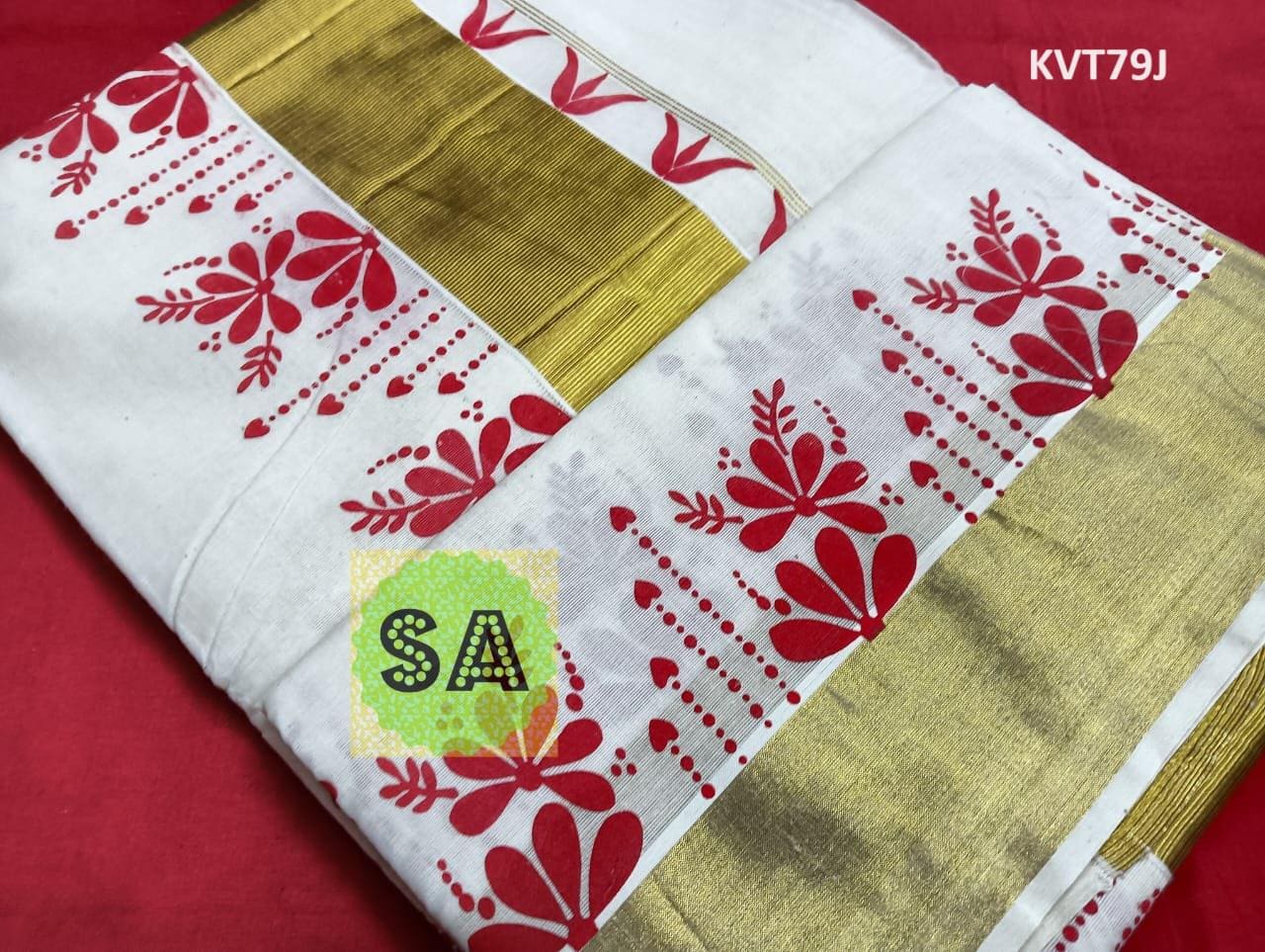 Kerala Traditional Cotton Printed Set Saree with stitched Blouse or Blouse Material / Indian Saree, Kerala Traditional Saree, Onam Saree