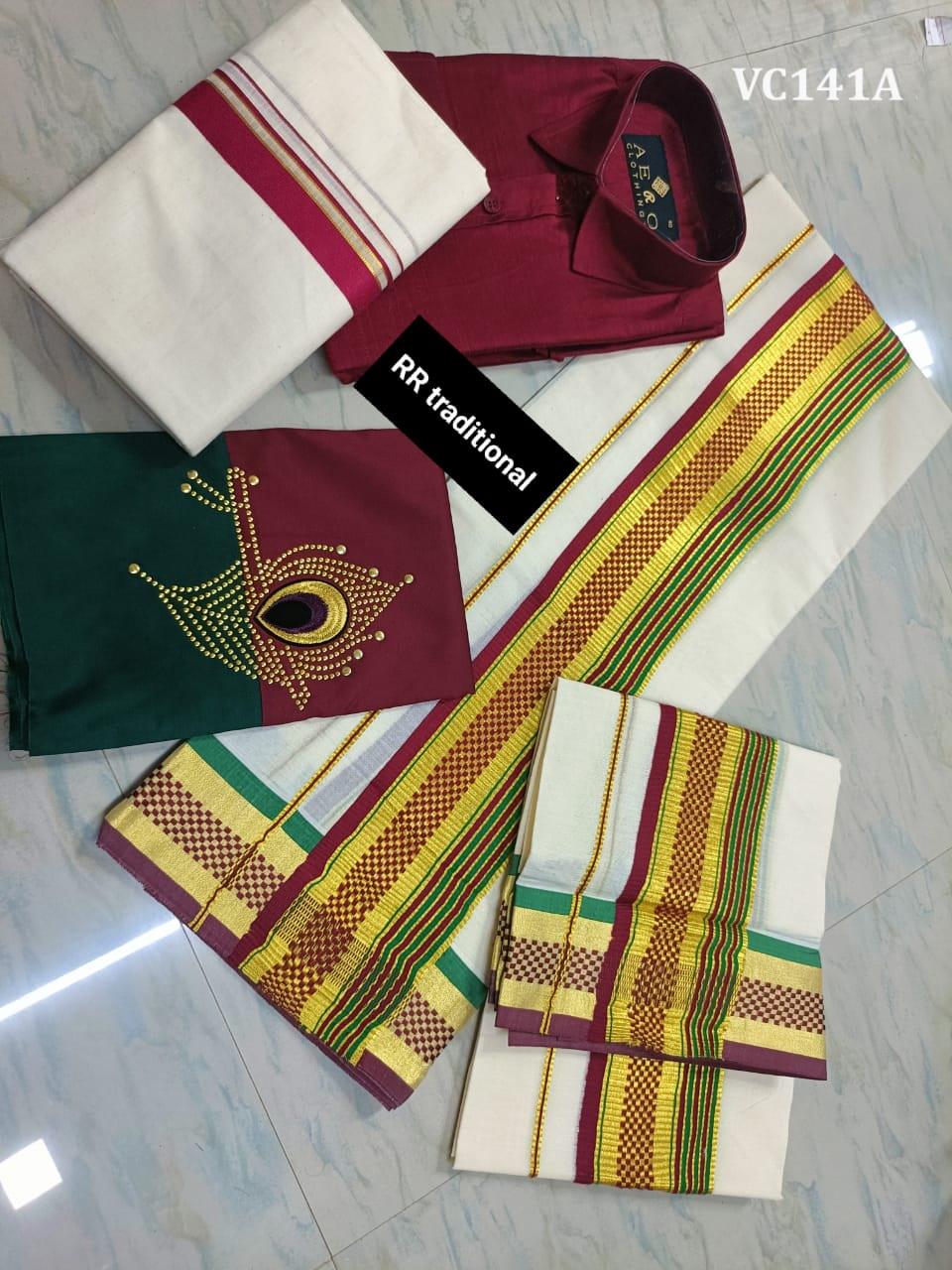 Kerala Special Cotton Thread work Set Mundu 2.80 With Stitched Blouse or Blouse Material and Shirt Dothi Combo Kerala Designs,Onam,Vishu,