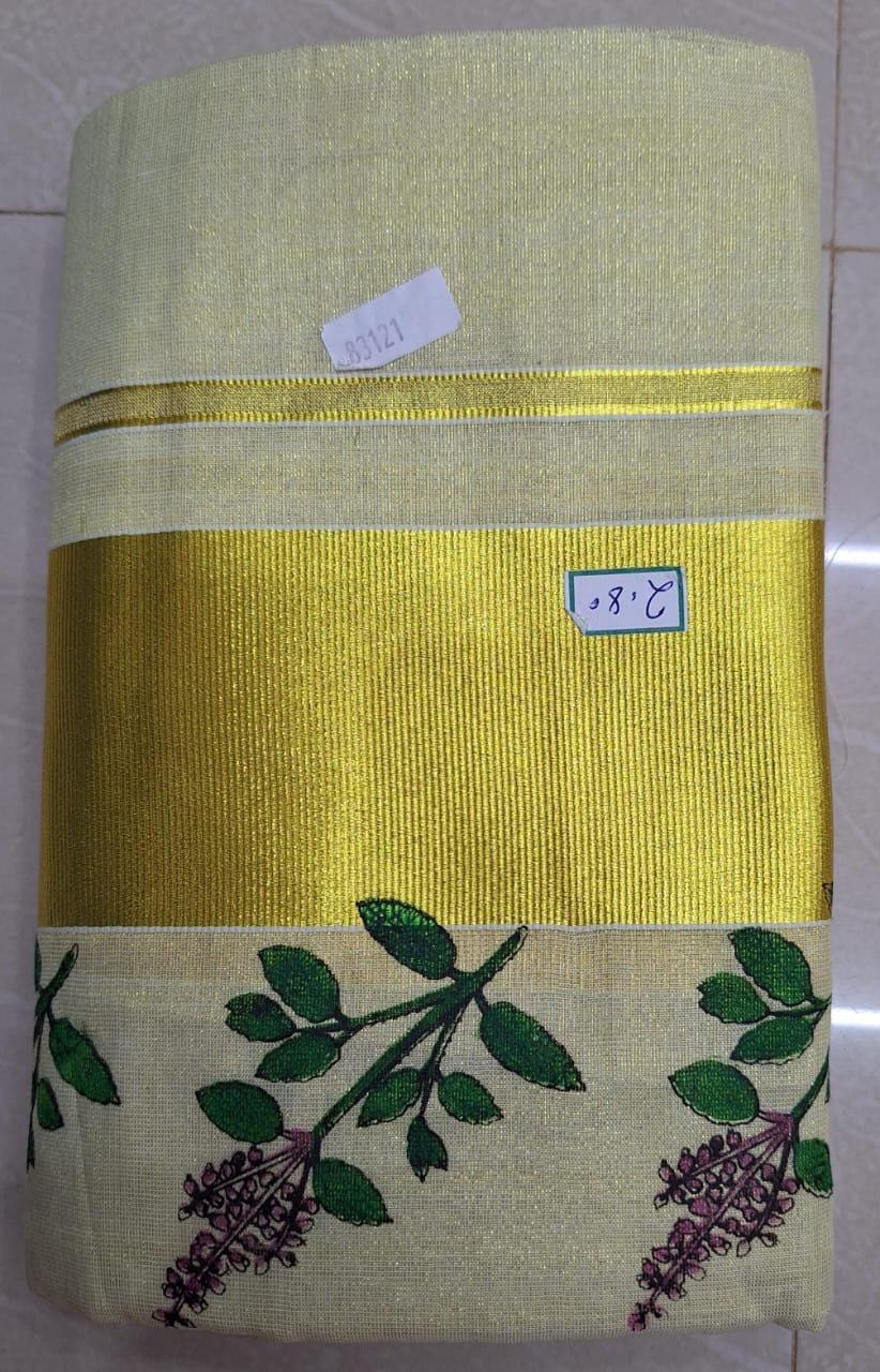 Kerala Special Thulasi Kathir Print Golden Tissue Set Mundu 2.80 With Stitched Blouse or Blouse Material,Beautiful Kerala Traditional,Onam.