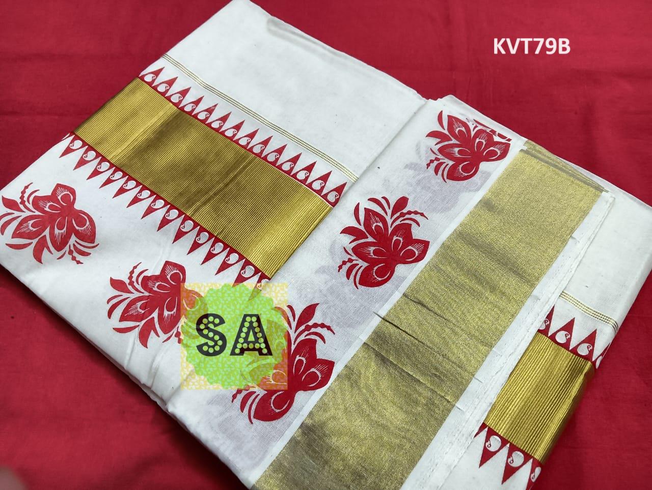 Kerala Traditional Cotton Printed Set Saree with stitched Blouse or Blouse Material / Indian Saree, Kerala Traditional Saree, Onam Saree