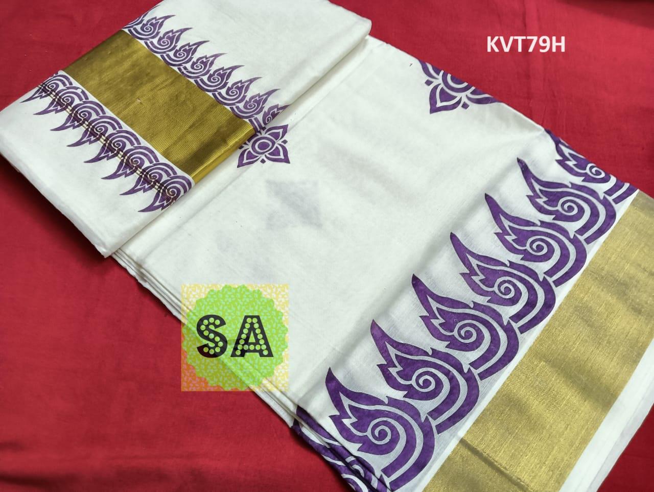 Kerala Traditional Cotton Printed Set Saree with stitched Blouse or Blouse Material / Indian Saree, Kerala Traditional Saree, Onam Saree