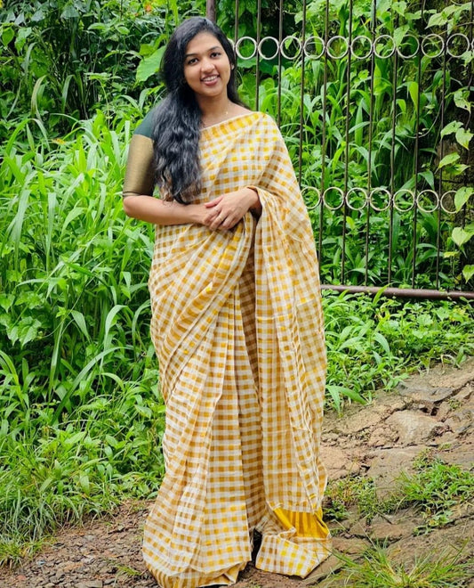 Kerala Traditional Cotton Printed Check Saree with stitched Blouse or Blouse Material / Indian Saree, Kerala Traditional Saree, Onam Saree