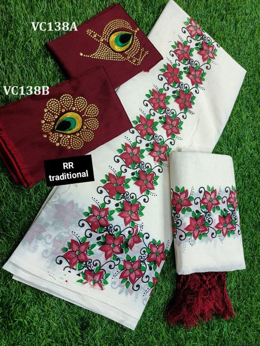 Kerala Special Cotton Flower Printed Kunjalam Setmund with Stitched Blouse or Blouse Material,Cotton Set Mundu,Indian Set Mundu, Onam/Vishu.