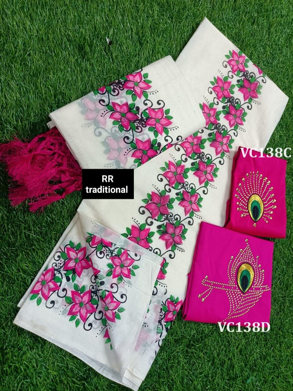 Kerala Special Cotton Flower Printed Kunjalam Setmund with Stitched Blouse or Blouse Material,Cotton Set Mundu,Indian Set Mundu, Onam/Vishu.