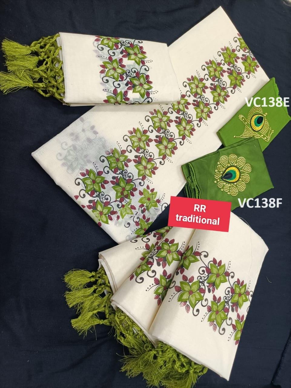 Kerala Special Cotton Flower Printed Kunjalam Setmund with Stitched Blouse or Blouse Material,Cotton Set Mundu,Indian Set Mundu, Onam/Vishu.