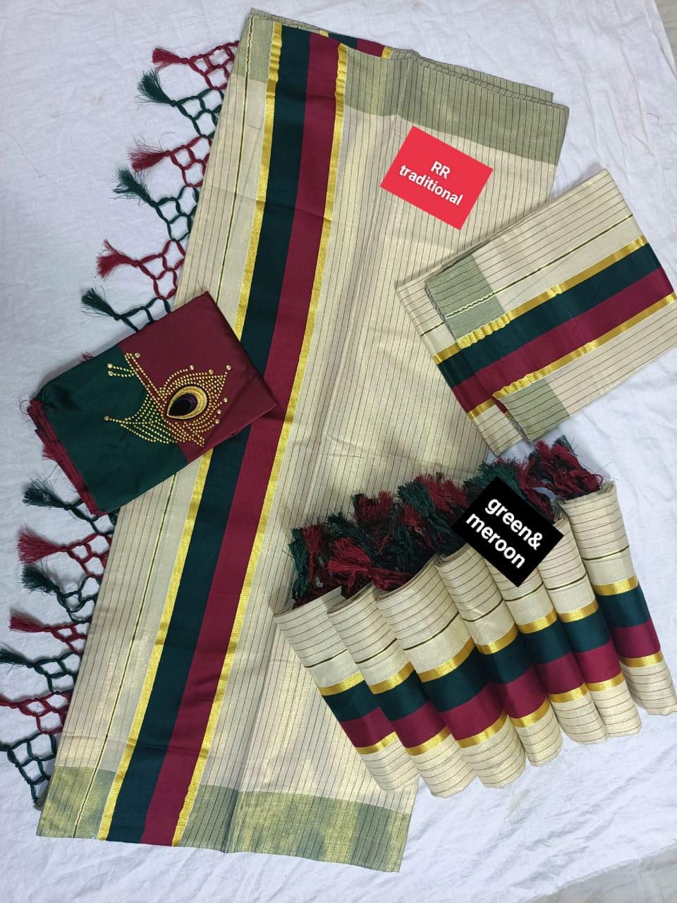 Kerala Special Tissue Double Colour Set Mundu with Tussles  2.80 With Stitched Blouse or Blouse Material,Beautiful Kerala Traditional, Onam.