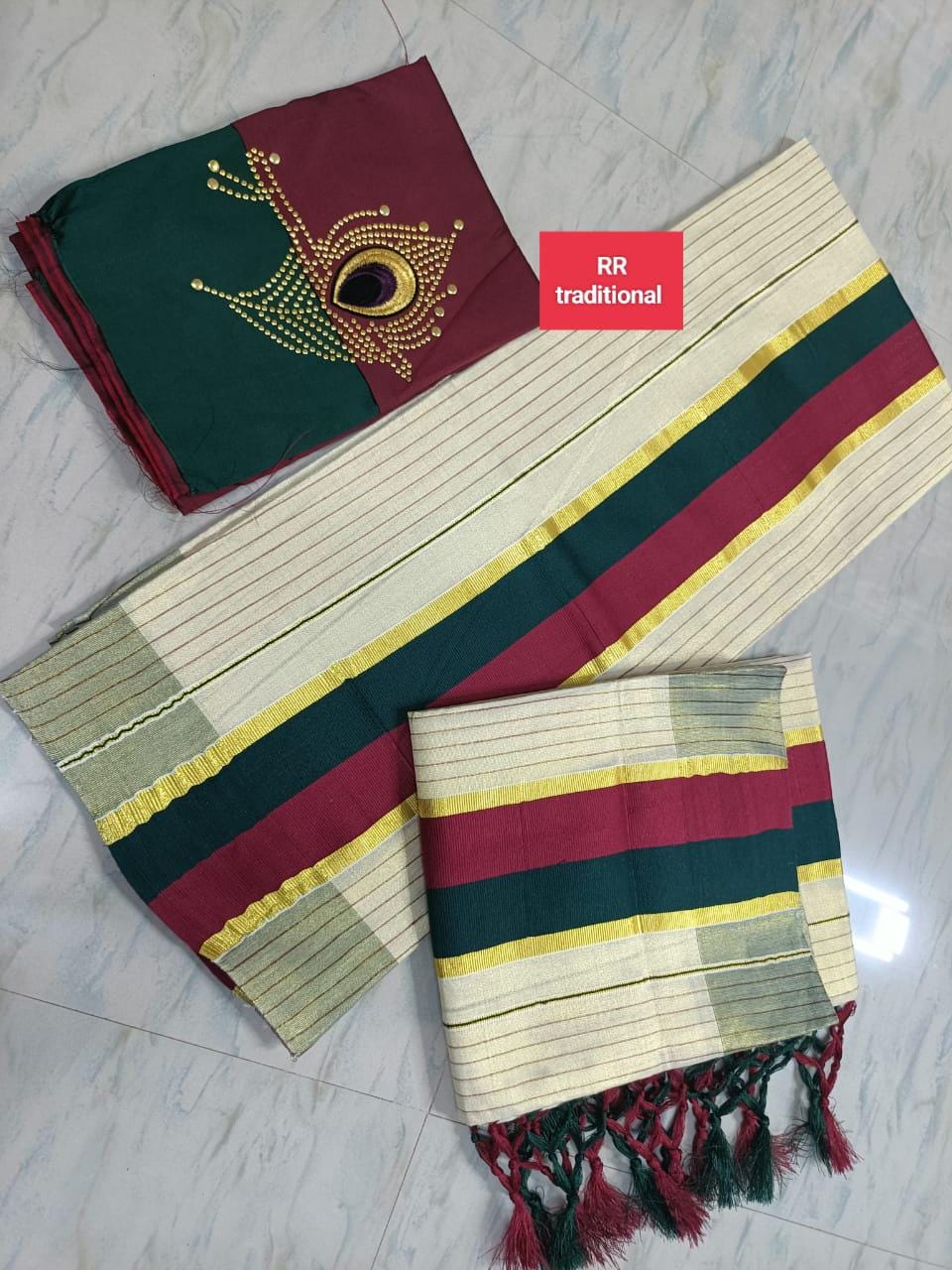 Kerala Special Tissue Double Colour Set Mundu with Tussles  2.80 With Stitched Blouse or Blouse Material,Beautiful Kerala Traditional, Onam.