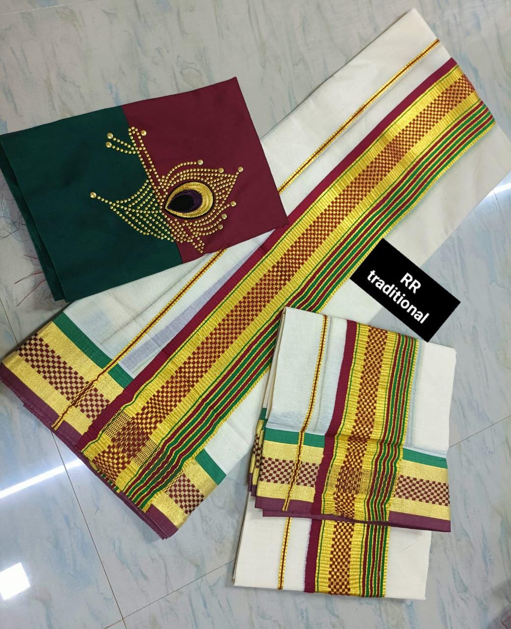 Kerala Special Cotton Thread work Set Mundu 2.80 With Stitched Blouse or Blouse Material,Beautiful Kerala Traditional Designs,Onam,Vishu,