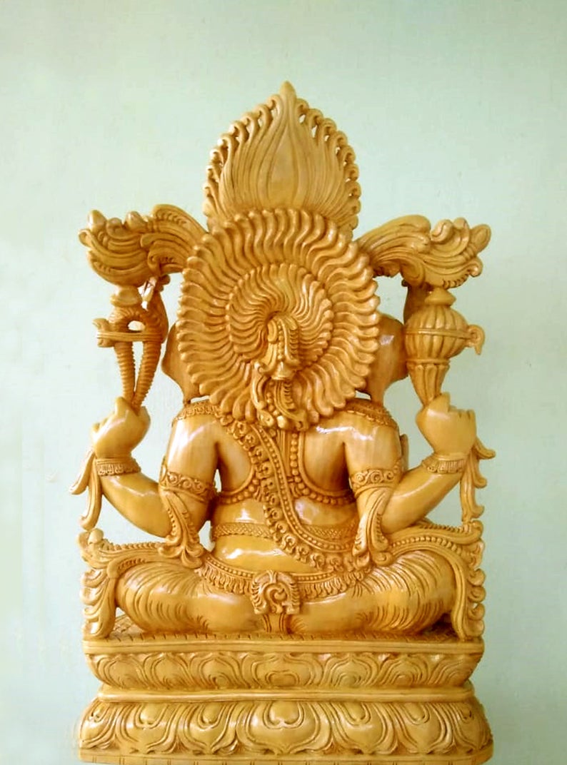 Wooden Statue - Sitting Ganesh with Amrith Kumbha - 1 Feet Idol ...