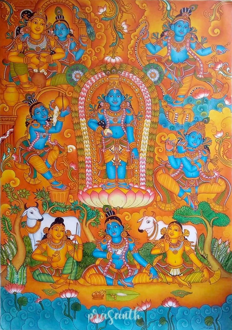 Krishna Leela, Mural Painting Artwork, Canvas Rolled, Size 60 W x ...